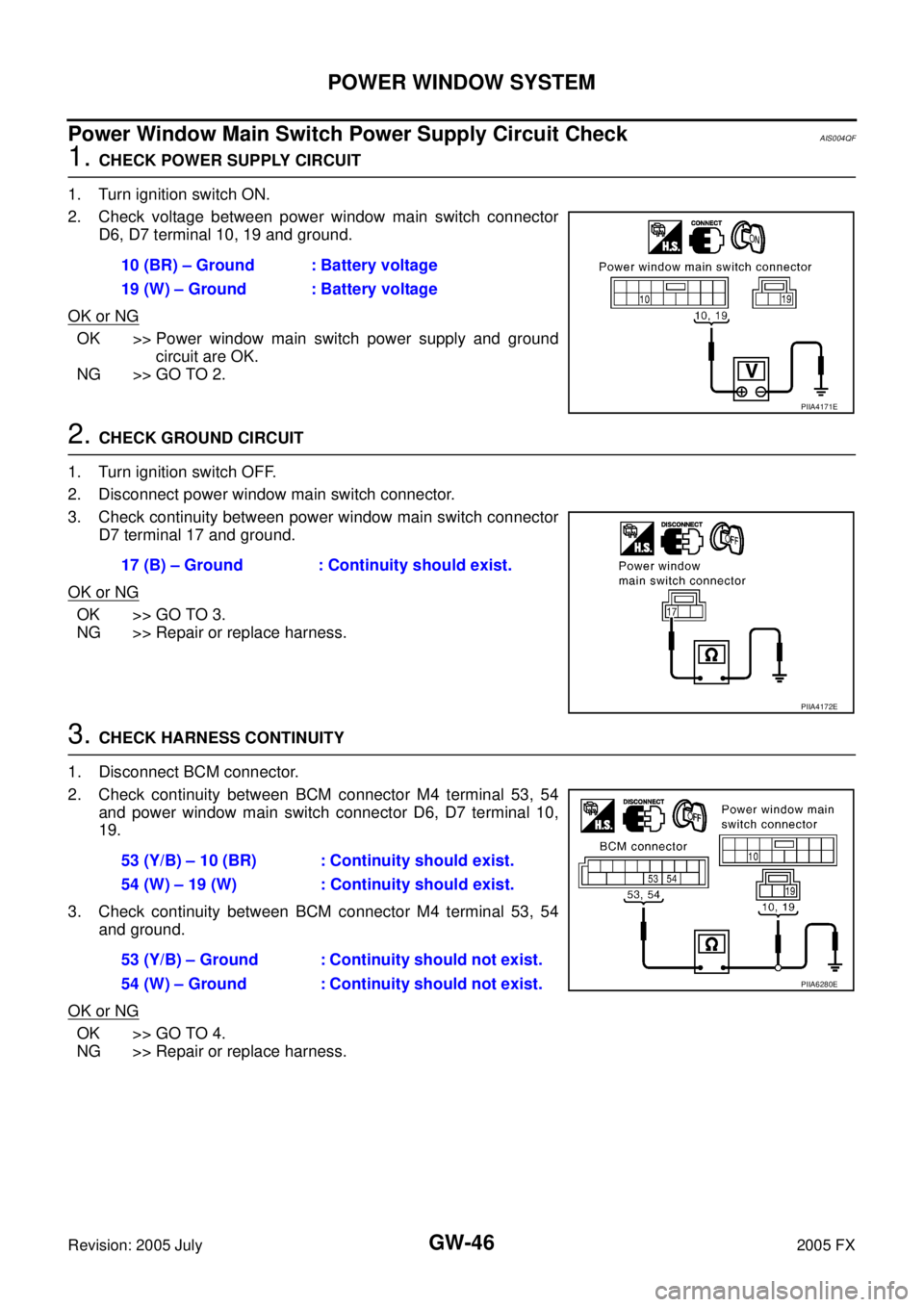INFINITI FX35 2005 Service Manual GW-46
POWER WINDOW SYSTEM
Revision: 2005 July 2005 FX
Power Window Main Switch Power Supply Circuit Check AIS004QF
1. CHECK POWER SUPPLY CIRCUIT
1. Turn ignition switch ON.
2. Check voltage between INFINITI FX35 2005 Service Manual GW-46
POWER WINDOW SYSTEM
Revision: 2005 July 2005 FX
Power Window Main Switch Power Supply Circuit Check AIS004QF
1. CHECK POWER SUPPLY CIRCUIT
1. Turn ignition switch ON.
2. Check voltage between