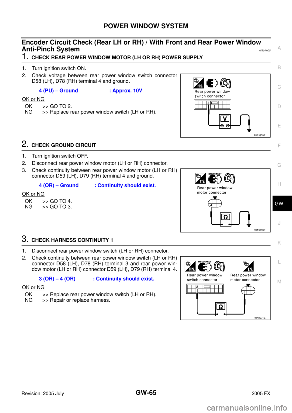 INFINITI FX35 2005 Service Manual POWER WINDOW SYSTEM GW-65
C
D E
F
G H
J
K L
M A
B
GW
Revision: 2005 July 2005 FX
Encoder Circuit Check (Rear LH or RH) / With Front and Rear Power Window
Anti-Pinch System
AIS004QS
1. C INFINITI FX35 2005 Service Manual POWER WINDOW SYSTEM GW-65
C
D E
F
G H
J
K L
M A
B
GW
Revision: 2005 July 2005 FX
Encoder Circuit Check (Rear LH or RH) / With Front and Rear Power Window
Anti-Pinch System
AIS004QS
1. C