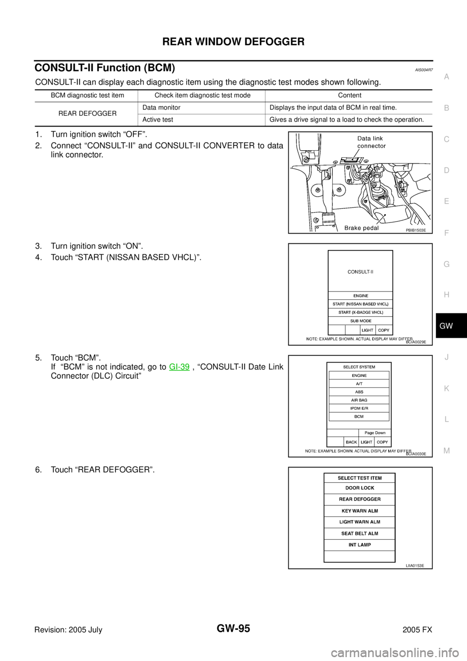 INFINITI FX35 2005  Service Manual REAR WINDOW DEFOGGER GW-95
C 
D  E 
F 
G  H 
J 
K  L 
M  A 
B
GW 
Revision: 2005 July  2005 FX
CONSULT-II Function (BCM)AIS004R7
CONSULT-II can display each diagnostic item using the diagnostic test m