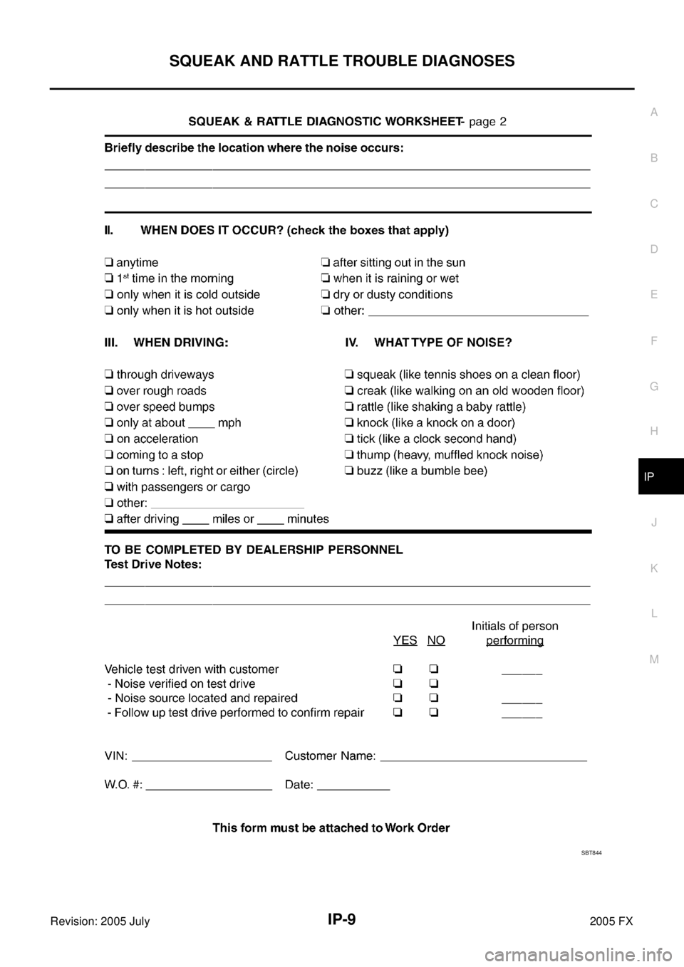 INFINITI FX35 2005  Service Manual SQUEAK AND RATTLE TROUBLE DIAGNOSES IP-9
C 
D  E 
F 
G  H 
J 
K  L 
M  A 
B
IP 
Revision: 2005 July  2005 FX
SBT844 