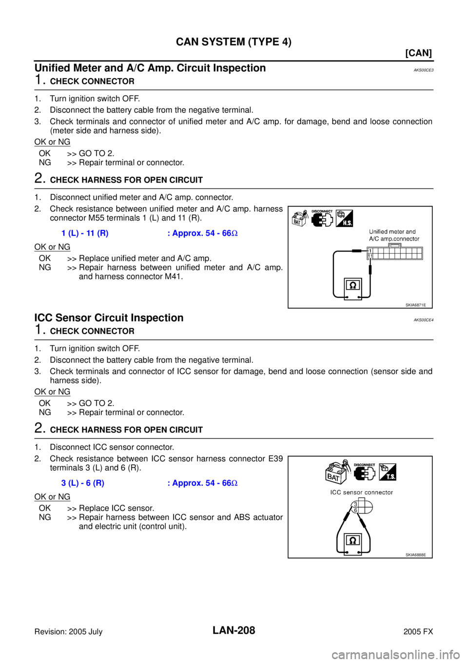 INFINITI FX35 2005  Service Manual LAN-208
[CAN]
CAN SYSTEM (TYPE 4)
Revision: 2005 July 2005 FX
Unified Meter and A/C Amp. Circuit InspectionAKS00CE3
1. CHECK CONNECTOR 
1. Turn ignition switch OFF. 
2. Disconnect the battery cable fr