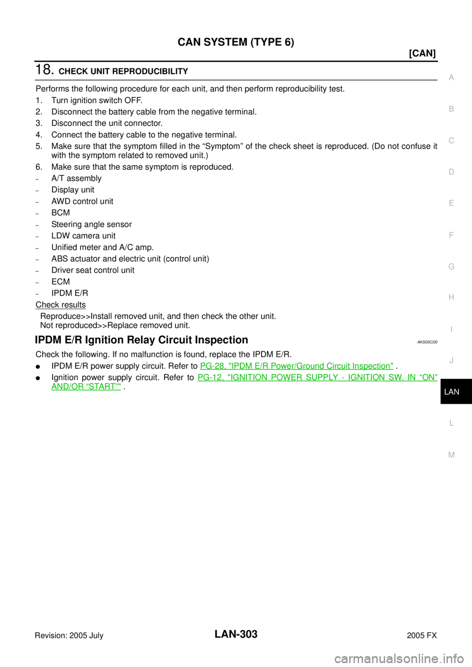 INFINITI FX35 2005  Service Manual CAN SYSTEM (TYPE 6) LAN-303
[CAN]
C 
D  E 
F 
G  H 
I 
J 
L 
M  A 
B
LAN 
Revision: 2005 July  2005 FX
18. CHECK UNIT REPRODUCIBILITY 
Performs the following procedure for each unit, and then perform 