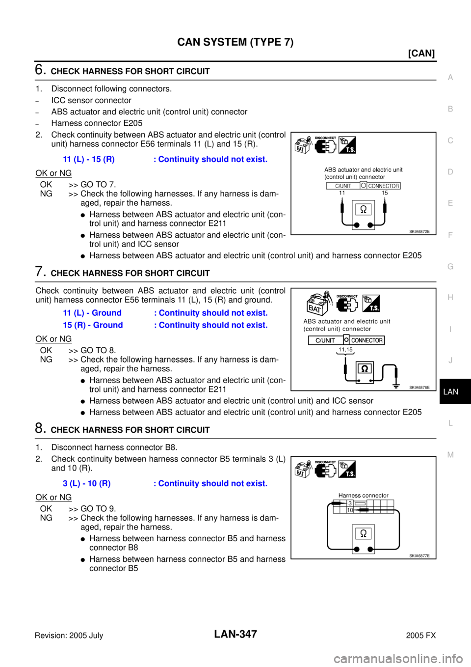 INFINITI FX35 2005  Service Manual CAN SYSTEM (TYPE 7) LAN-347
[CAN]
C 
D  E 
F 
G  H 
I 
J 
L 
M  A 
B
LAN 
Revision: 2005 July  2005 FX
6. CHECK HARNESS FOR SHORT CIRCUIT 
1. Disconnect following connectors.
–ICC sensor connector
