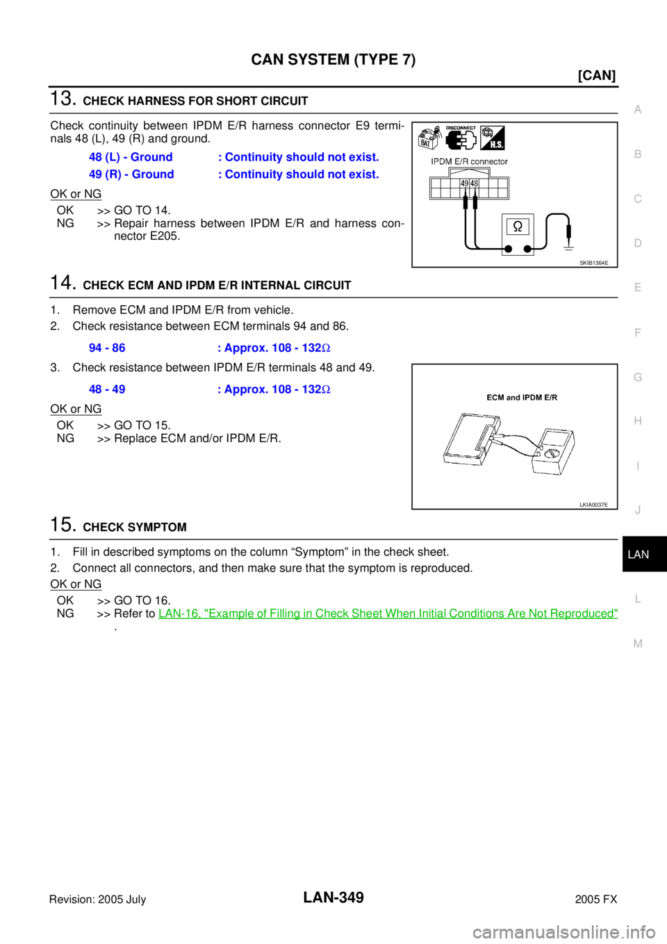 INFINITI FX35 2005  Service Manual CAN SYSTEM (TYPE 7) LAN-349
[CAN]
C 
D  E 
F 
G  H 
I 
J 
L 
M  A 
B
LAN 
Revision: 2005 July  2005 FX
13. CHECK HARNESS FOR SHORT CIRCUIT 
Check continuity between IPDM E/R harness connector E9 termi