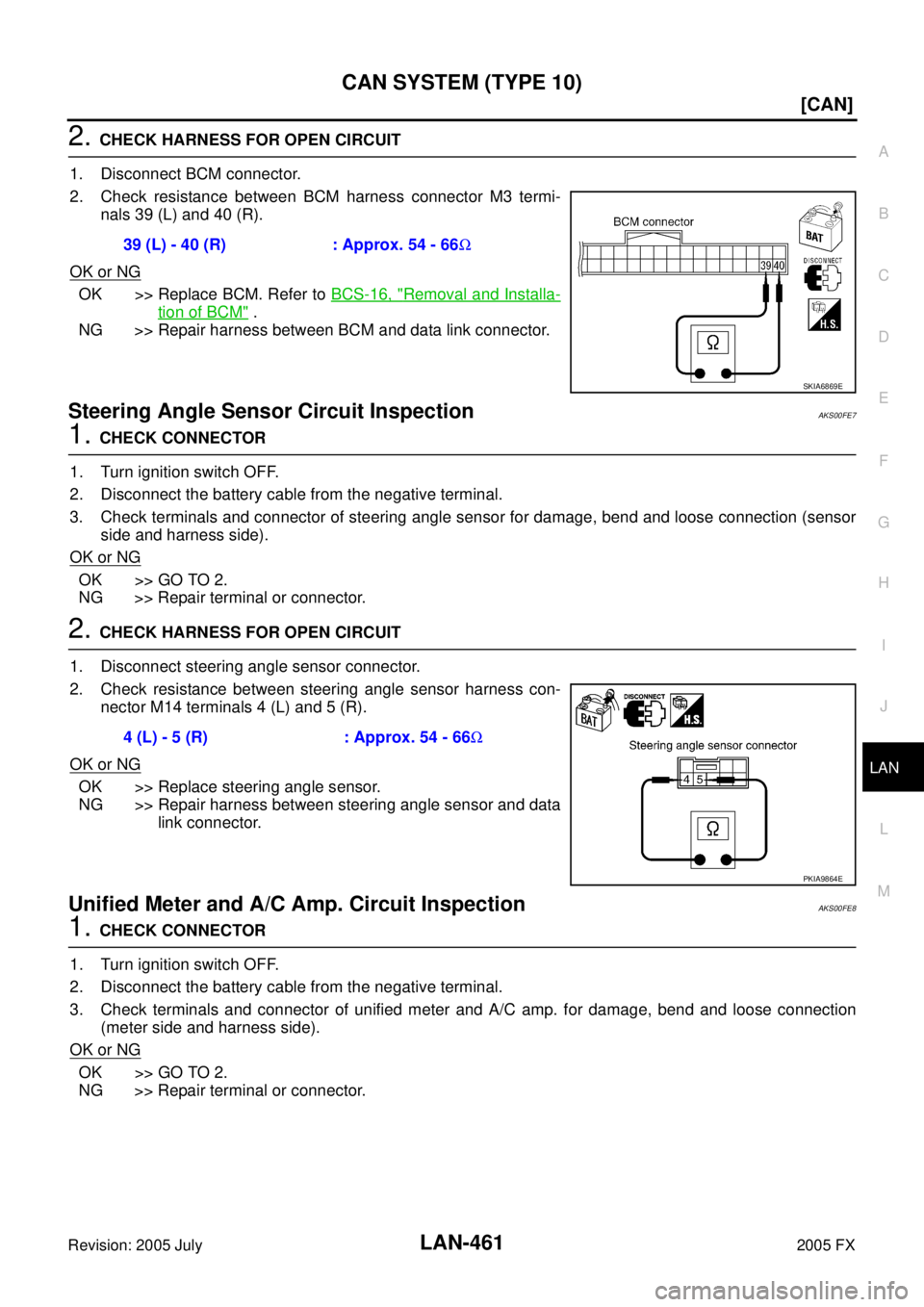 INFINITI FX35 2005  Service Manual CAN SYSTEM (TYPE 10) LAN-461
[CAN]
C 
D  E 
F 
G  H 
I 
J 
L 
M  A 
B
LAN 
Revision: 2005 July  2005 FX
2. CHECK HARNESS FOR OPEN CIRCUIT 
1. Disconnect BCM connector. 
2. Check resistance between BCM