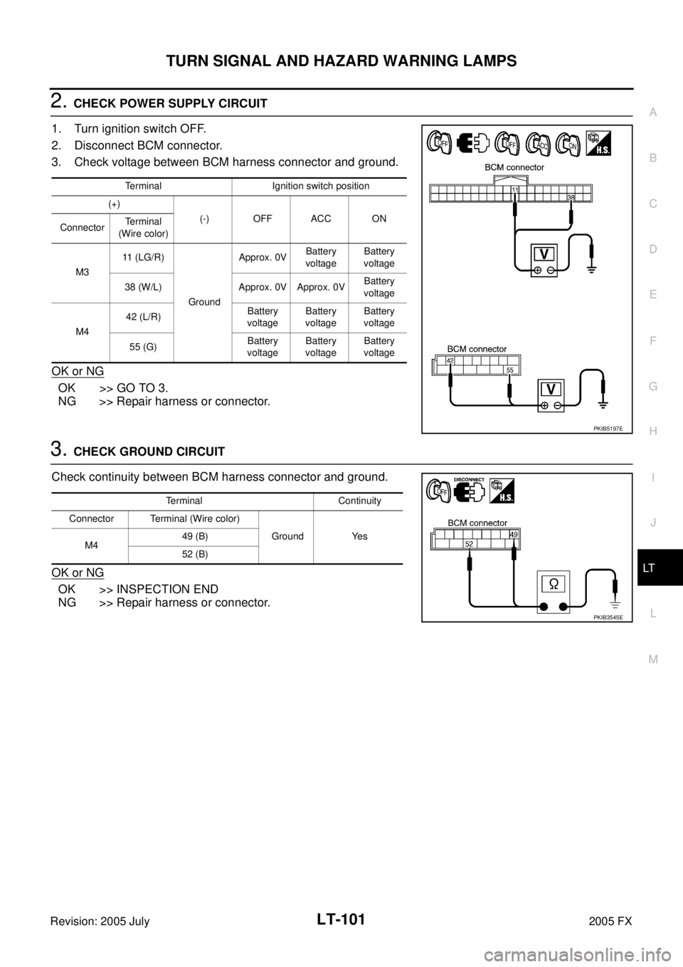 INFINITI FX35 2005  Service Manual TURN SIGNAL AND HAZARD WARNING LAMPS LT-101
C 
D  E 
F 
G  H 
I 
J 
L 
M  A 
B
LT 
Revision: 2005 July  2005 FX
2. CHECK POWER SUPPLY CIRCUIT  
1. Turn ignition switch OFF. 
2. Disconnect BCM connecto