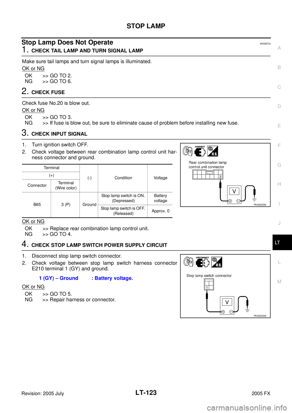 INFINITI FX35 2005 Service Manual STOP LAMP LT-123
C
D E
F
G H
I
J
L
M A
B
LT
Revision: 2005 July 2005 FX
Stop Lamp Does Not OperateAKS007IJ
1. CHECK TAIL LAMP AND TURN SIGNAL LAMP
Make sure tail lamps and turn signal la INFINITI FX35 2005 Service Manual STOP LAMP LT-123
C
D E
F
G H
I
J
L
M A
B
LT
Revision: 2005 July 2005 FX
Stop Lamp Does Not OperateAKS007IJ
1. CHECK TAIL LAMP AND TURN SIGNAL LAMP
Make sure tail lamps and turn signal la