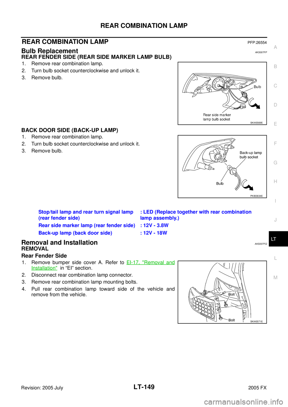 INFINITI FX35 2005 Service Manual REAR COMBINATION LAMP LT-149
C
D E
F
G H
I
J
L
M A
B
LT
Revision: 2005 July 2005 FX
REAR COMBINATION LAMPPFP:26554
Bulb ReplacementAKS007FP
REAR FENDER SIDE (REAR SIDE MARKER LAMP BULB)
1 INFINITI FX35 2005 Service Manual REAR COMBINATION LAMP LT-149
C
D E
F
G H
I
J
L
M A
B
LT
Revision: 2005 July 2005 FX
REAR COMBINATION LAMPPFP:26554
Bulb ReplacementAKS007FP
REAR FENDER SIDE (REAR SIDE MARKER LAMP BULB)
1