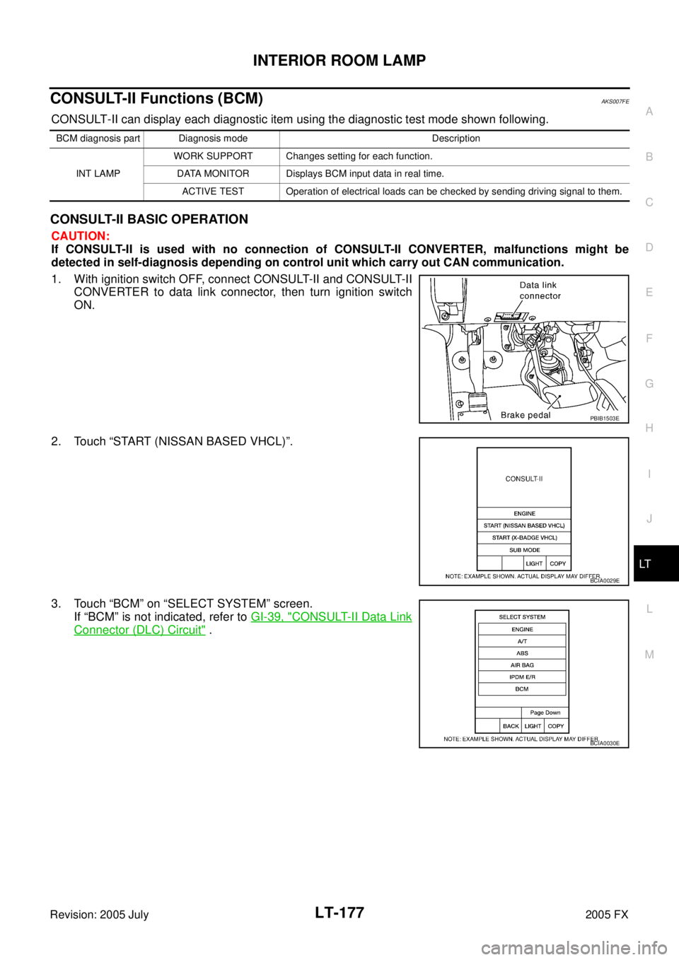 INFINITI FX35 2005 Service Manual INTERIOR ROOM LAMP LT-177
C
D E
F
G H
I
J
L
M A
B
LT
Revision: 2005 July 2005 FX
CONSULT-II Functions (BCM)AKS007FE
CONSULT-II can display each diagnostic item using the diagnostic test m INFINITI FX35 2005 Service Manual INTERIOR ROOM LAMP LT-177
C
D E
F
G H
I
J
L
M A
B
LT
Revision: 2005 July 2005 FX
CONSULT-II Functions (BCM)AKS007FE
CONSULT-II can display each diagnostic item using the diagnostic test m