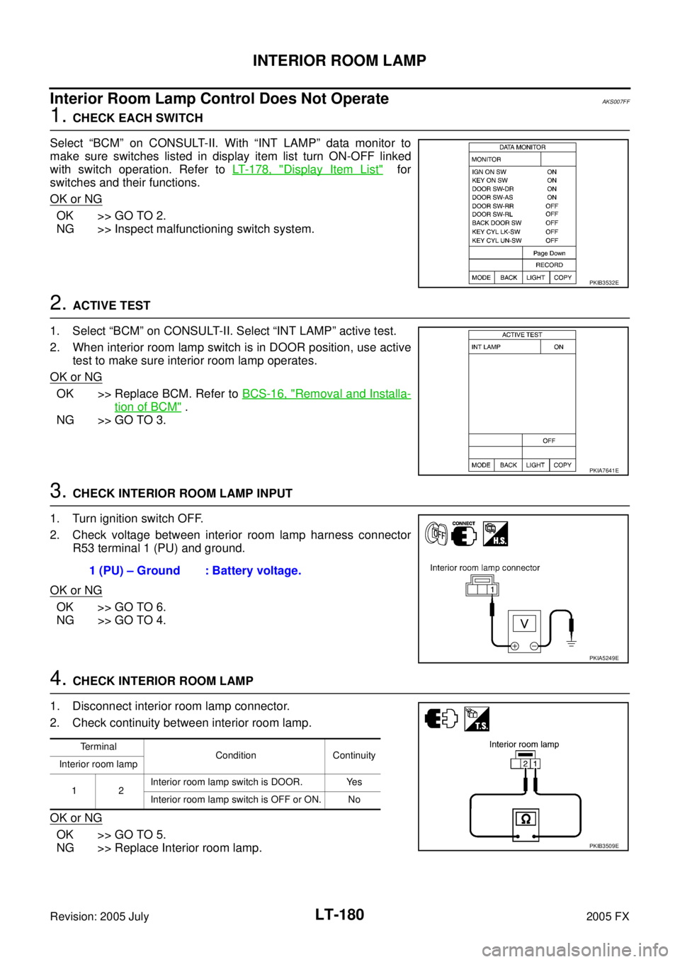 INFINITI FX35 2005 Service Manual LT-180
INTERIOR ROOM LAMP
Revision: 2005 July 2005 FX
Interior Room Lamp Control Does Not OperateAKS007FF
1. CHECK EACH SWITCH
Select “BCM” on CONSULT-II. With “INT LAMP” data monitor to
mak INFINITI FX35 2005 Service Manual LT-180
INTERIOR ROOM LAMP
Revision: 2005 July 2005 FX
Interior Room Lamp Control Does Not OperateAKS007FF
1. CHECK EACH SWITCH
Select “BCM” on CONSULT-II. With “INT LAMP” data monitor to
mak