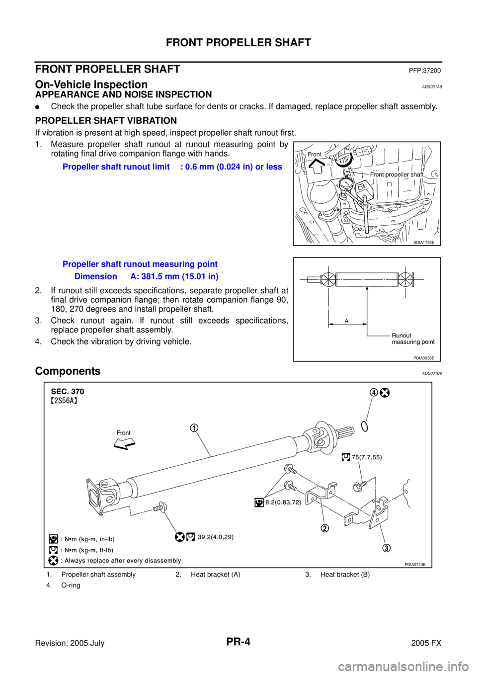 INFINITI FX35 2005 Service Manual PR-4
FRONT PROPELLER SHAFT
Revision: 2005 July 2005 FX
FRONT PROPELLER SHAFTPFP:37200
On-Vehicle InspectionADS001A9
APPEARANCE AND NOISE INSPECTION
Check the propeller shaft tube surface for dents or INFINITI FX35 2005 Service Manual PR-4
FRONT PROPELLER SHAFT
Revision: 2005 July 2005 FX
FRONT PROPELLER SHAFTPFP:37200
On-Vehicle InspectionADS001A9
APPEARANCE AND NOISE INSPECTION
Check the propeller shaft tube surface for dents or