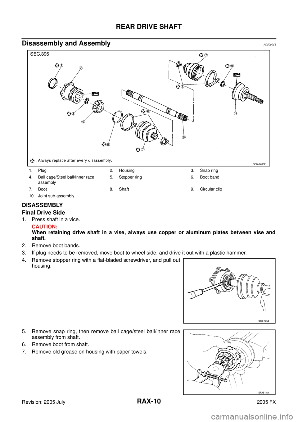 INFINITI FX35 2005  Service Manual RAX-10
REAR DRIVE SHAFT
Revision: 2005 July 2005 FX
Disassembly and AssemblyADS000C8
DISASSEMBLY 
Final Drive Side
1. Press shaft in a vice. 
CAUTION: 
When retaining drive shaft in a vise, always use