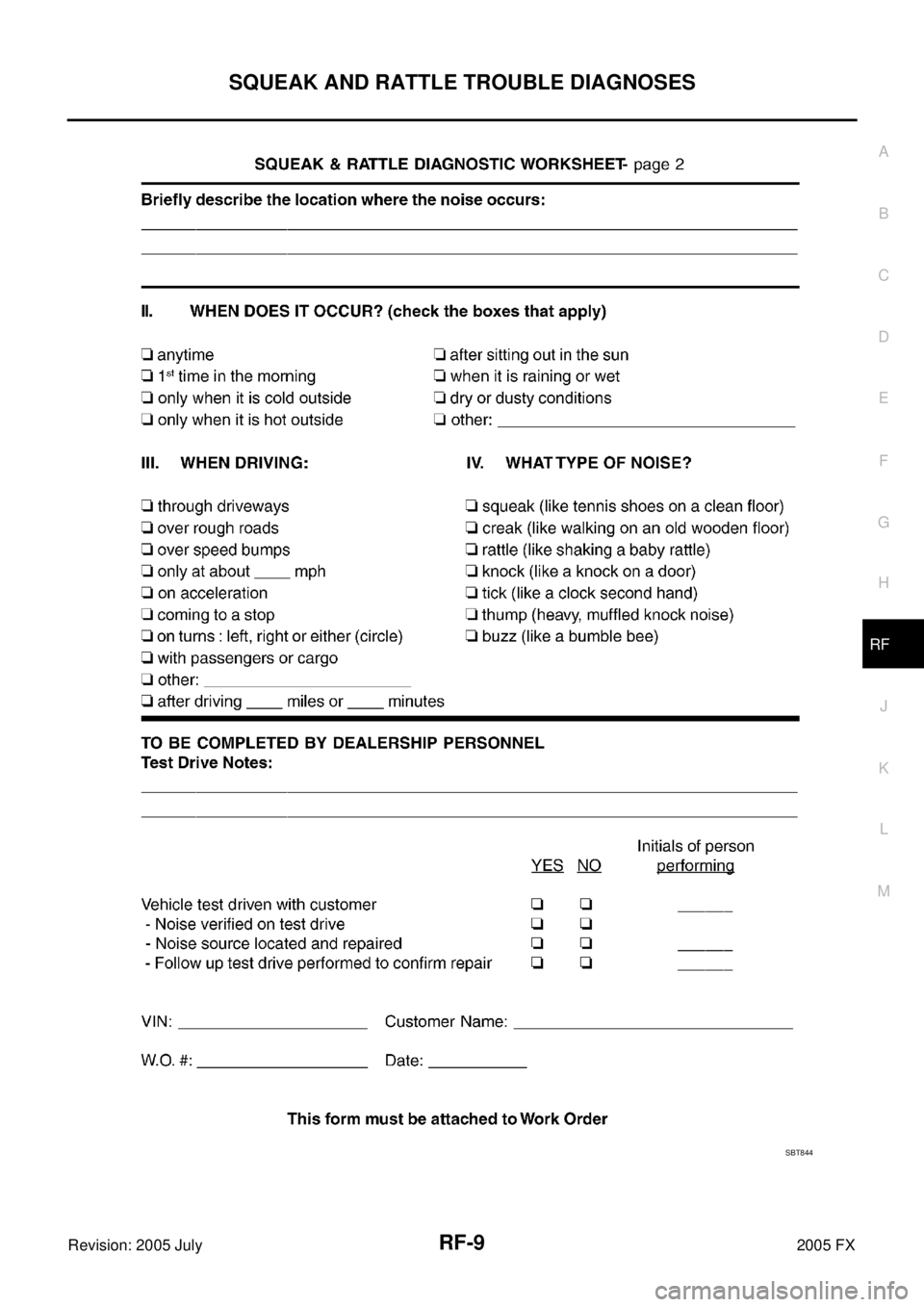 INFINITI FX35 2005  Service Manual SQUEAK AND RATTLE TROUBLE DIAGNOSES RF-9
C 
D  E 
F 
G  H 
J 
K  L 
M  A 
B
RF 
Revision: 2005 July  2005 FX
SBT844 