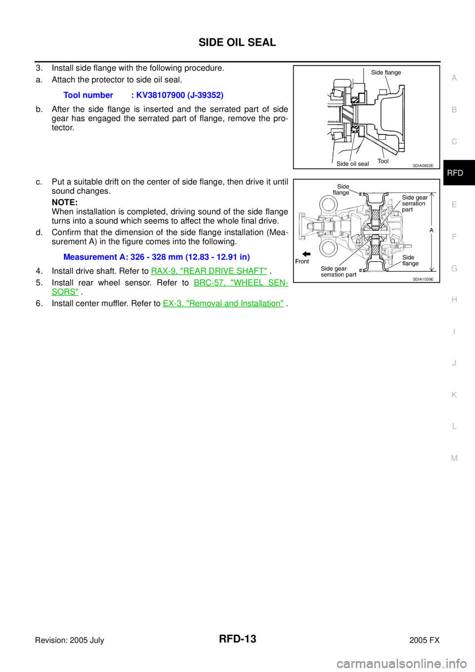 INFINITI FX35 2005  Service Manual SIDE OIL SEAL RFD-13
C E  F 
G  H 
I 
J 
K  L 
M  A 
B
RFD 
Revision: 2005 July  2005 FX
3. Install side flange with the following procedure. 
a. Attach the protector to side oil seal. 
b. After the s