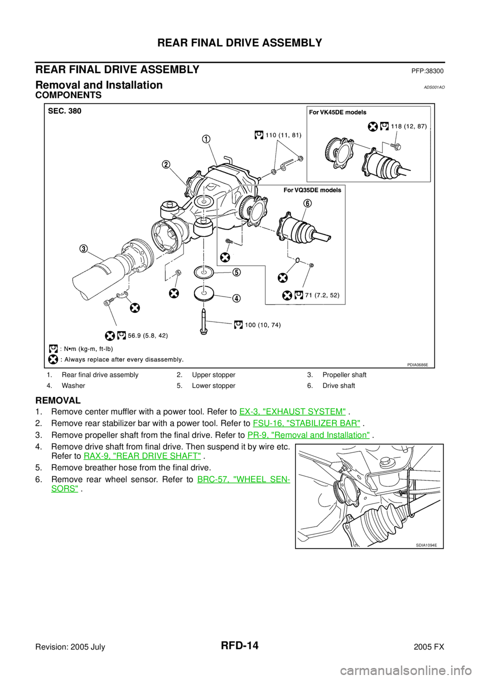 INFINITI FX35 2005  Service Manual RFD-14
REAR FINAL DRIVE ASSEMBLY
Revision: 2005 July 2005 FX
REAR FINAL DRIVE ASSEMBLYPFP:38300
Removal and InstallationADS001AO
COMPONENTS 
REMOVAL
1. Remove center muffler with a power tool. Refer t