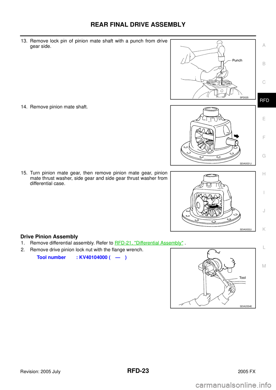 INFINITI FX35 2005  Service Manual REAR FINAL DRIVE ASSEMBLY RFD-23
C E  F 
G  H 
I 
J 
K  L 
M  A 
B
RFD 
Revision: 2005 July  2005 FX
13. Remove lock pin of pinion mate shaft with a punch from drive 
gear side. 
14. Remove pinion mat