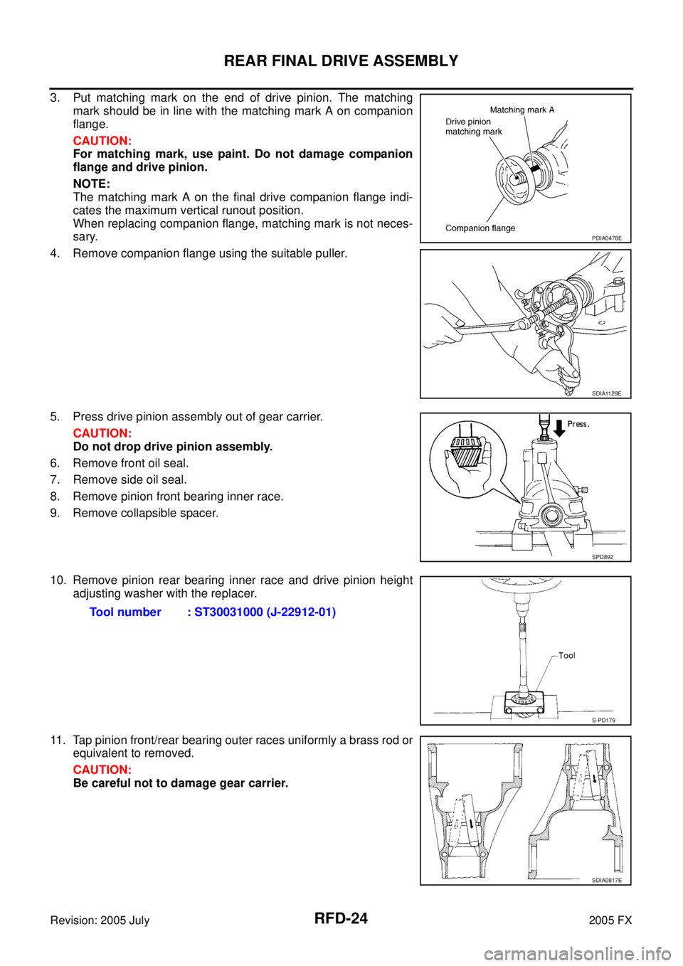 INFINITI FX35 2005 Service Manual RFD-24
REAR FINAL DRIVE ASSEMBLY
Revision: 2005 July 2005 FX
3. Put matching mark on the end of drive pinion. The matching
mark should be in line with the matching mark A on companion
flange.
CAUTIO INFINITI FX35 2005 Service Manual RFD-24
REAR FINAL DRIVE ASSEMBLY
Revision: 2005 July 2005 FX
3. Put matching mark on the end of drive pinion. The matching
mark should be in line with the matching mark A on companion
flange.
CAUTIO