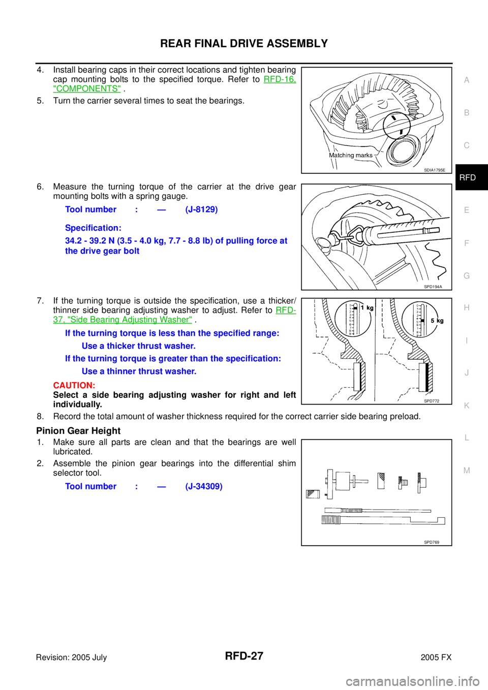 INFINITI FX35 2005 Service Manual REAR FINAL DRIVE ASSEMBLY RFD-27
C E F
G H
I
J
K L
M A
B
RFD
Revision: 2005 July 2005 FX
4. Install bearing caps in their correct locations and tighten bearing
cap mounting bolts to the s INFINITI FX35 2005 Service Manual REAR FINAL DRIVE ASSEMBLY RFD-27
C E F
G H
I
J
K L
M A
B
RFD
Revision: 2005 July 2005 FX
4. Install bearing caps in their correct locations and tighten bearing
cap mounting bolts to the s