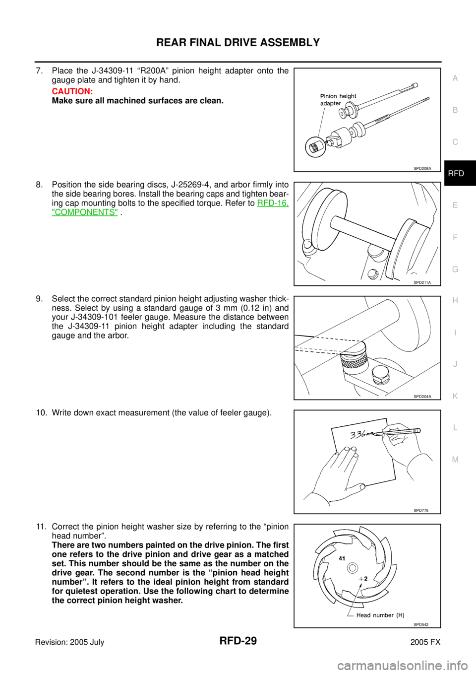 INFINITI FX35 2005 Service Manual REAR FINAL DRIVE ASSEMBLY RFD-29
C E F
G H
I
J
K L
M A
B
RFD
Revision: 2005 July 2005 FX
7. Place the J-34309-11 “R200A” pinion height adapter onto the
gauge plate and tighten it by h INFINITI FX35 2005 Service Manual REAR FINAL DRIVE ASSEMBLY RFD-29
C E F
G H
I
J
K L
M A
B
RFD
Revision: 2005 July 2005 FX
7. Place the J-34309-11 “R200A” pinion height adapter onto the
gauge plate and tighten it by h
