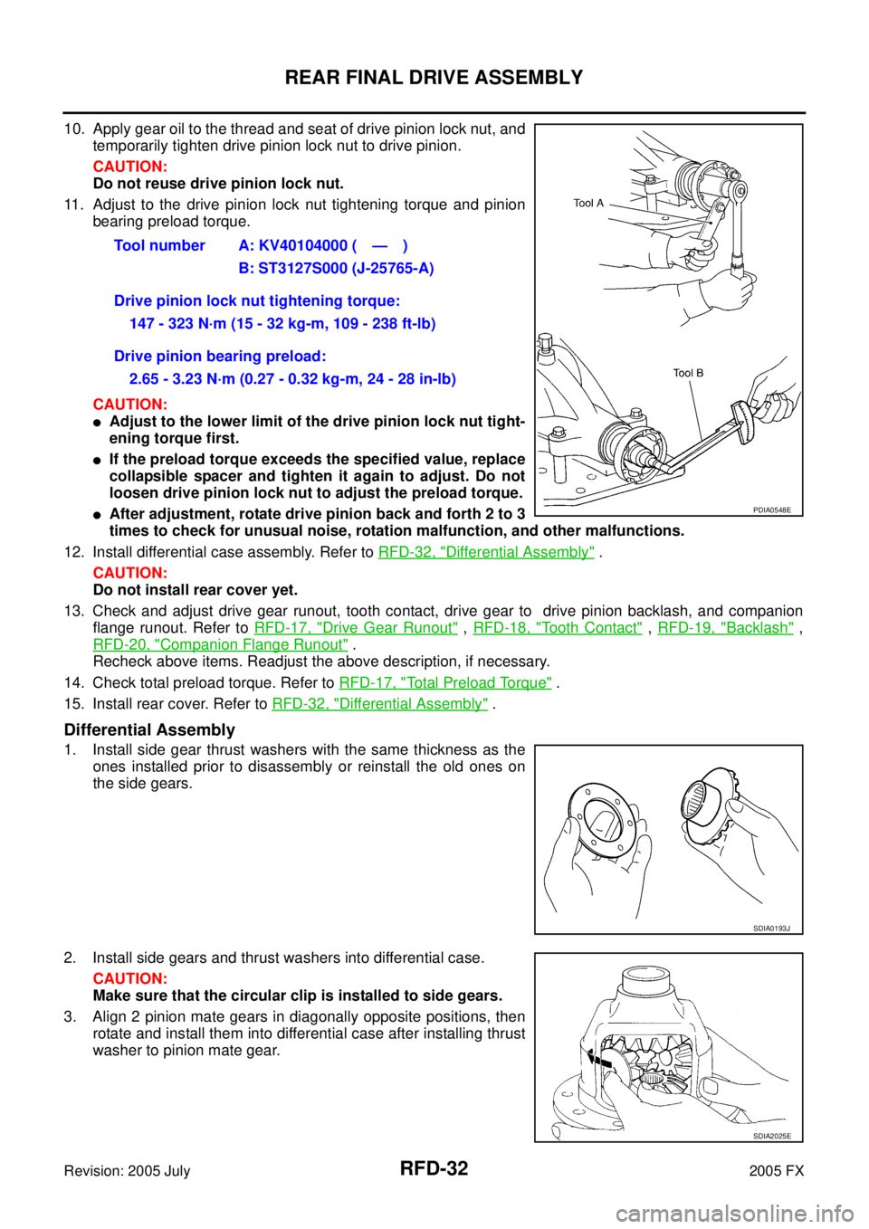 INFINITI FX35 2005  Service Manual RFD-32
REAR FINAL DRIVE ASSEMBLY
Revision: 2005 July 2005 FX
10. Apply gear oil to the thread and seat of drive pinion lock nut, and 
temporarily tighten drive pinion lock nut to drive pinion. 
CAUTIO