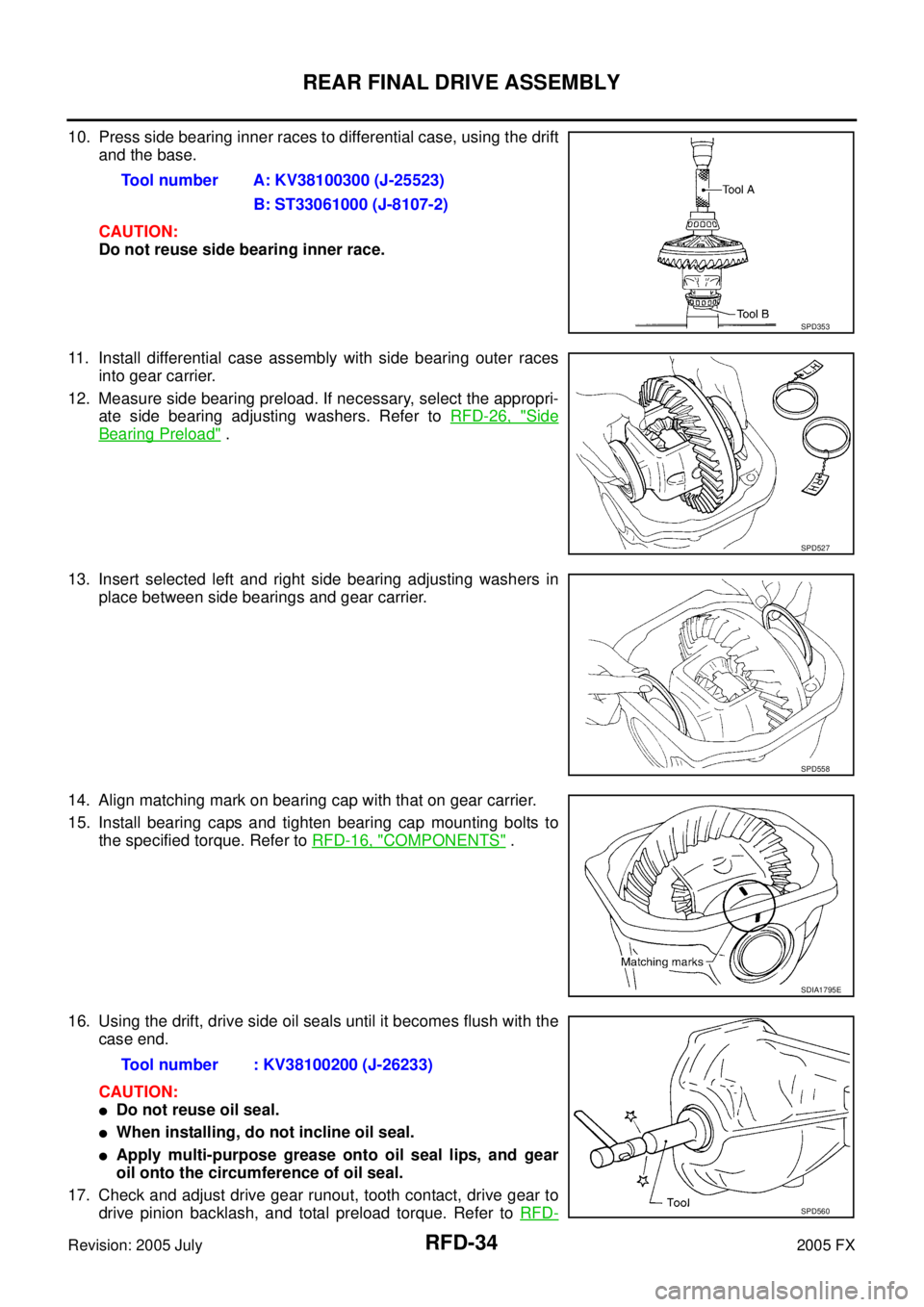 INFINITI FX35 2005  Service Manual RFD-34
REAR FINAL DRIVE ASSEMBLY
Revision: 2005 July 2005 FX
10. Press side bearing inner races to differential case, using the drift 
and the base. 
CAUTION: 
Do not reuse side bearing inner race. 
1