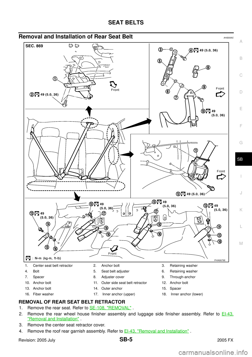 INFINITI FX35 2005  Service Manual SEAT BELTS SB-5
C 
D  E 
F 
G 
I 
J 
K  L 
M  A 
B
SB 
Revision: 2005 July  2005 FX
Removal and Installation of Rear Seat Belt AHS000IC
REMOVAL OF REAR SEAT BELT RETRACTOR
1. Remove the rear seat. Ref