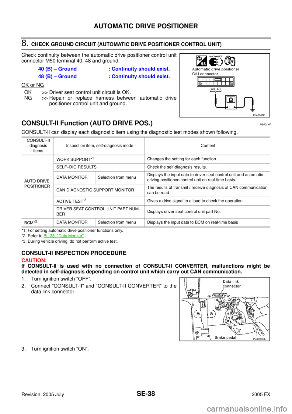 INFINITI FX35 2005 Service Manual SE-38
AUTOMATIC DRIVE POSITIONER
Revision: 2005 July 2005 FX
8. CHECK GROUND CIRCUIT (AUTOMATIC DRIVE POSITIONER CONTROL UNIT)
Check continuity between the automatic drive positioner control unit
co INFINITI FX35 2005 Service Manual SE-38
AUTOMATIC DRIVE POSITIONER
Revision: 2005 July 2005 FX
8. CHECK GROUND CIRCUIT (AUTOMATIC DRIVE POSITIONER CONTROL UNIT)
Check continuity between the automatic drive positioner control unit
co