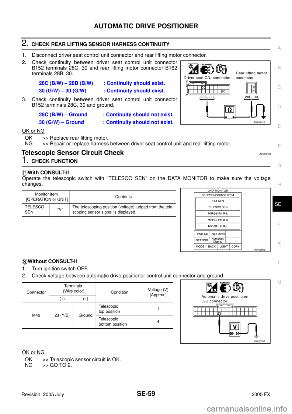 INFINITI FX35 2005  Service Manual AUTOMATIC DRIVE POSITIONER SE-59
C 
D  E 
F 
G  H 
J 
K  L 
M  A 
B
SE 
Revision: 2005 July  2005 FX
2. CHECK REAR LIFTING SENSOR HARNESS CONTINUITY 
1. Disconnect driver seat control unit connector a
