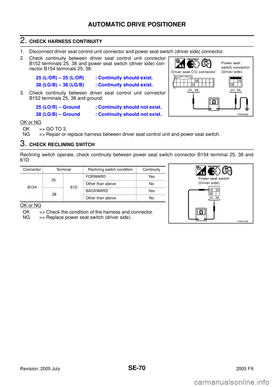 INFINITI FX35 2005 Service Manual SE-70
AUTOMATIC DRIVE POSITIONER
Revision: 2005 July 2005 FX
2. CHECK HARNESS CONTINUITY
1. Disconnect driver seat control unit connector and power seat switch (driver side) connector.
2. Check cont INFINITI FX35 2005 Service Manual SE-70
AUTOMATIC DRIVE POSITIONER
Revision: 2005 July 2005 FX
2. CHECK HARNESS CONTINUITY
1. Disconnect driver seat control unit connector and power seat switch (driver side) connector.
2. Check cont