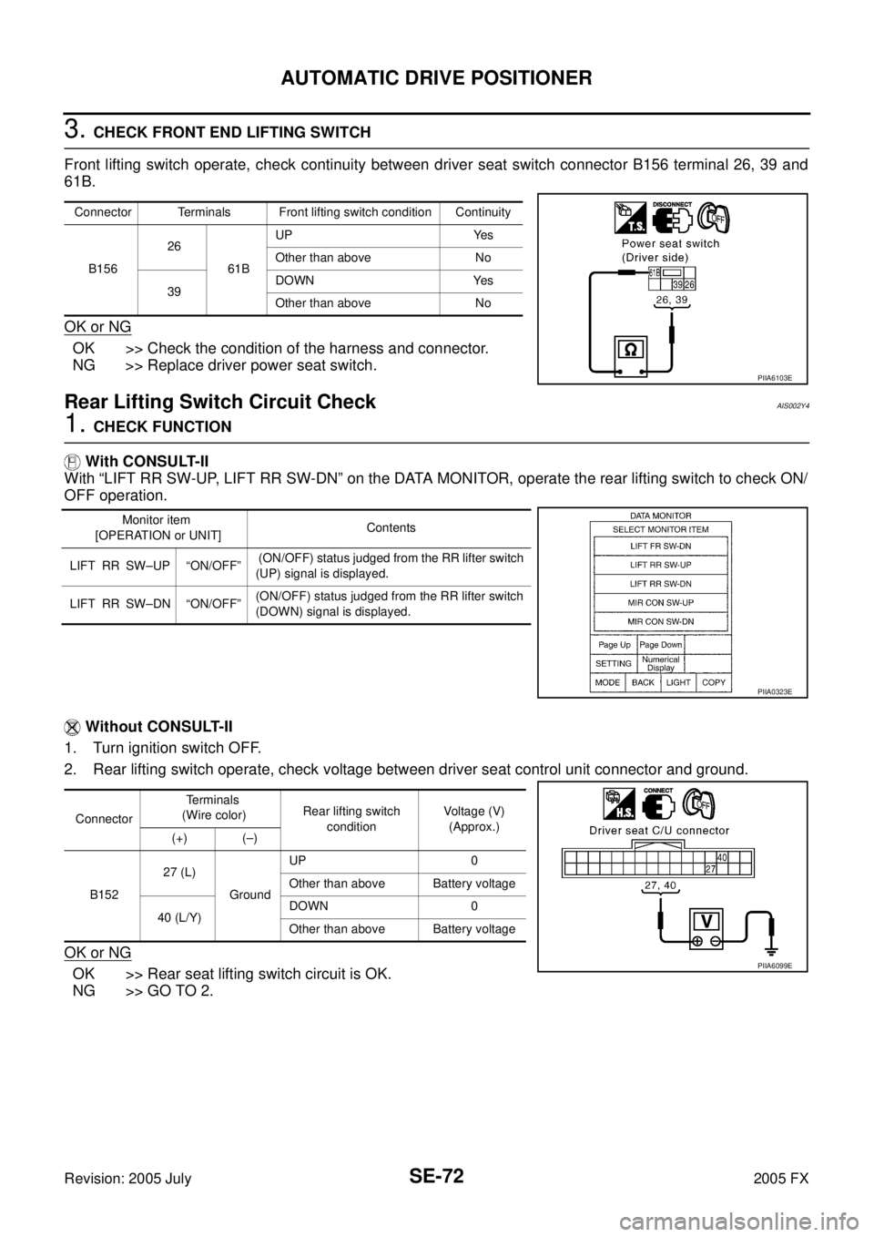 INFINITI FX35 2005 Service Manual SE-72
AUTOMATIC DRIVE POSITIONER
Revision: 2005 July 2005 FX
3. CHECK FRONT END LIFTING SWITCH
Front lifting switch operate, check continuity between driver seat switch connector B156 terminal 26, 39 INFINITI FX35 2005 Service Manual SE-72
AUTOMATIC DRIVE POSITIONER
Revision: 2005 July 2005 FX
3. CHECK FRONT END LIFTING SWITCH
Front lifting switch operate, check continuity between driver seat switch connector B156 terminal 26, 39