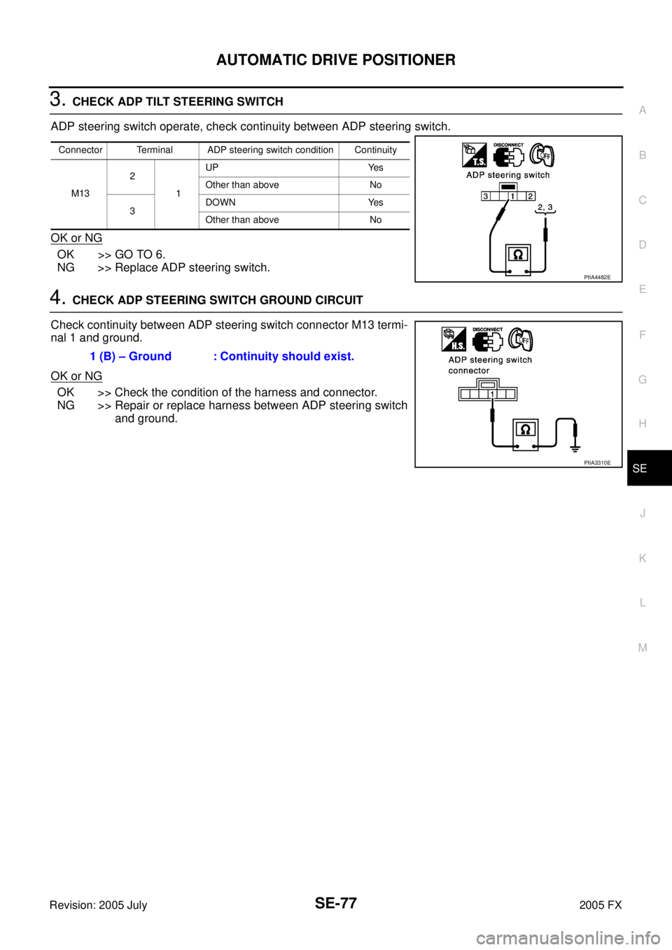 INFINITI FX35 2005  Service Manual AUTOMATIC DRIVE POSITIONER SE-77
C 
D  E 
F 
G  H 
J 
K  L 
M  A 
B
SE 
Revision: 2005 July  2005 FX
3. CHECK ADP TILT STEERING SWITCH 
ADP steering switch operate, check continuity between ADP steeri