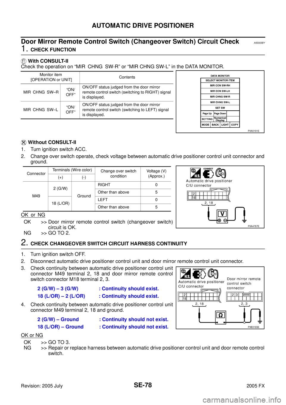 INFINITI FX35 2005 Service Manual SE-78
AUTOMATIC DRIVE POSITIONER
Revision: 2005 July 2005 FX
Door Mirror Remote Control Switch (Changeover Switch) Circuit CheckAIS003BY
1. CHECK FUNCTION
With CONSULT-II
Check the operation on INFINITI FX35 2005 Service Manual SE-78
AUTOMATIC DRIVE POSITIONER
Revision: 2005 July 2005 FX
Door Mirror Remote Control Switch (Changeover Switch) Circuit CheckAIS003BY
1. CHECK FUNCTION
With CONSULT-II
Check the operation on