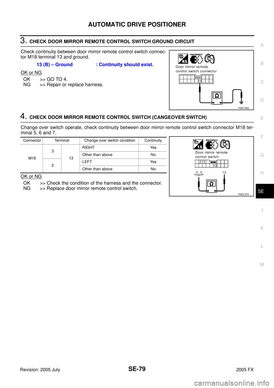 INFINITI FX35 2005  Service Manual AUTOMATIC DRIVE POSITIONER SE-79
C 
D  E 
F 
G  H 
J 
K  L 
M  A 
B
SE 
Revision: 2005 July  2005 FX
3. CHECK DOOR MIRROR REMOTE CONTROL SWITCH GROUND CIRCUIT 
Check continuity between door mirror rem
