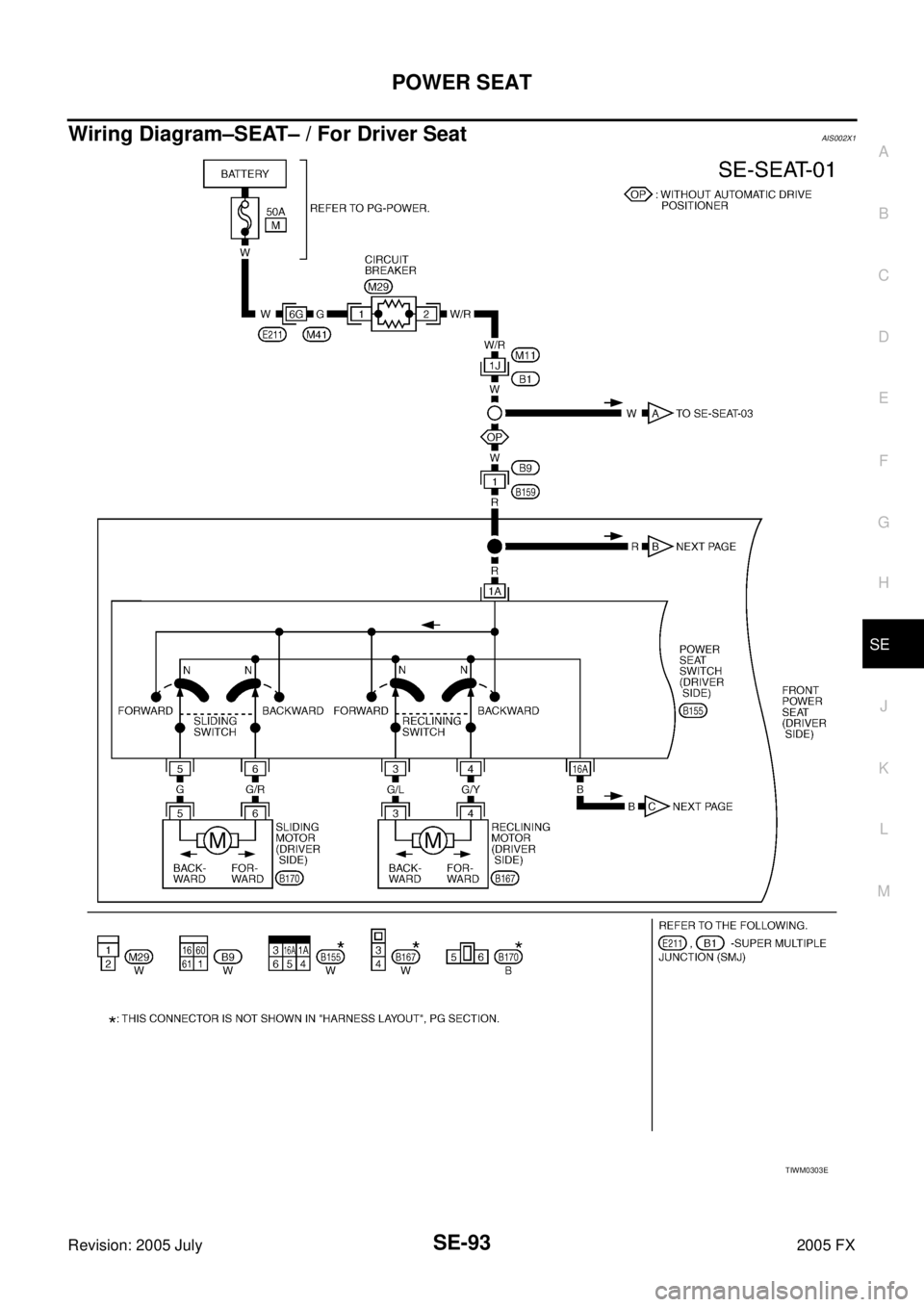 INFINITI FX35 2005  Service Manual POWER SEAT SE-93
C 
D  E 
F 
G  H 
J 
K  L 
M  A 
B
SE 
Revision: 2005 July  2005 FX
Wiring Diagram–SEAT– / For Driver SeatAIS002X1
TIWM0303E 