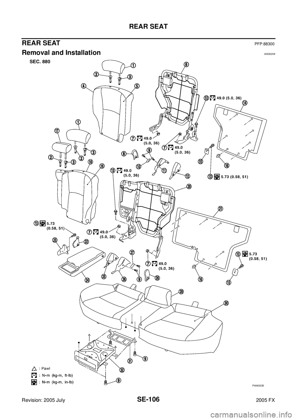INFINITI FX35 2005  Service Manual SE-106
REAR SEAT
Revision: 2005 July 2005 FX
REAR SEATPFP:88300
Removal and InstallationAIS002X8
PIIA6033E 