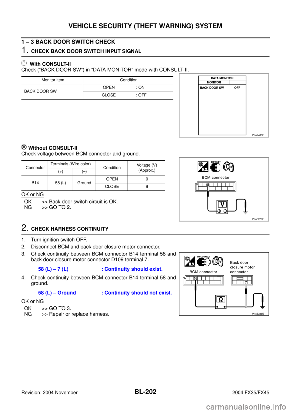 INFINITI FX35 2004 Service Manual BL-202
VEHICLE SECURITY (THEFT WARNING) SYSTEM
Revision: 2004 November 2004 FX35/FX45
1 – 3 BACK DOOR SWITCH CHECK
1. CHECK BACK DOOR SWITCH INPUT SIGNAL
With CONSULT-II
Check (“BACK DOOR SW”) INFINITI FX35 2004 Service Manual BL-202
VEHICLE SECURITY (THEFT WARNING) SYSTEM
Revision: 2004 November 2004 FX35/FX45
1 – 3 BACK DOOR SWITCH CHECK
1. CHECK BACK DOOR SWITCH INPUT SIGNAL
With CONSULT-II
Check (“BACK DOOR SW”)
