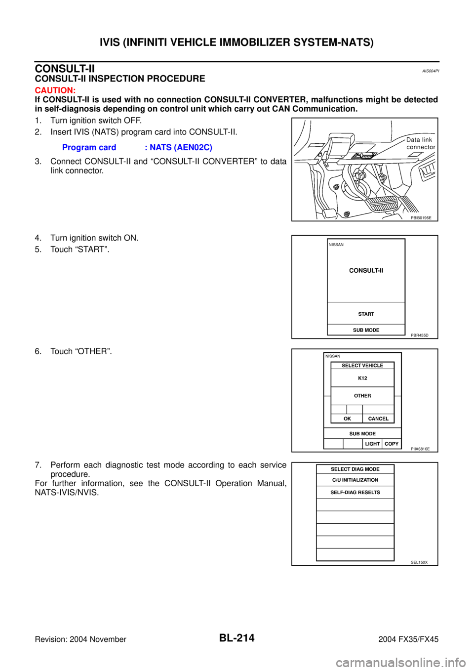 INFINITI FX35 2004  Service Manual BL-214
IVIS (INFINITI VEHICLE IMMOBILIZER SYSTEM-NATS)
Revision: 2004 November 2004 FX35/FX45
CONSULT-IIAIS004PI
CONSULT-II INSPECTION PROCEDURE
CAUTION:
If CONSULT-II is used with no connection CONSU