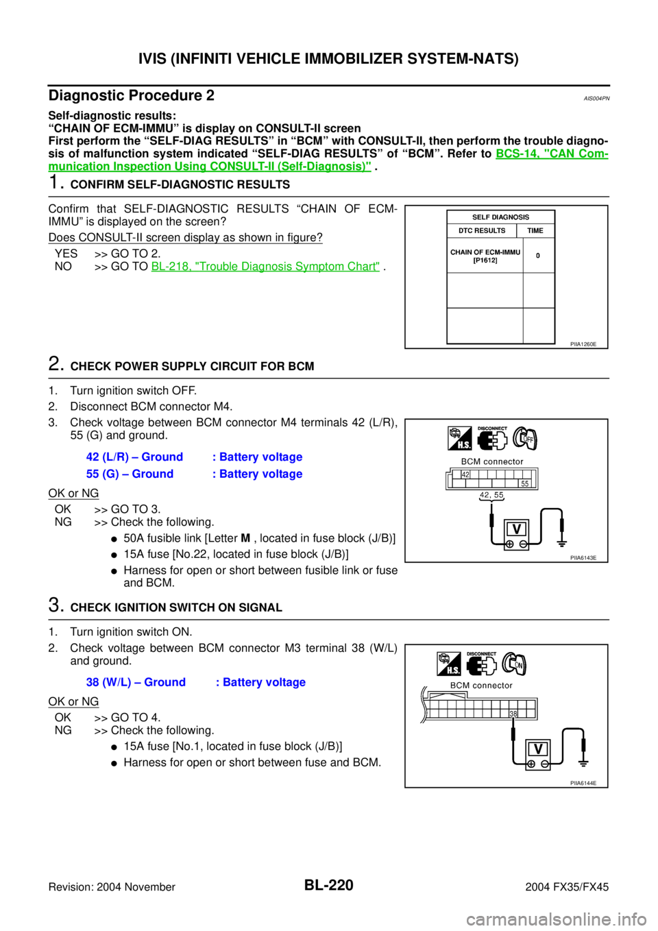 INFINITI FX35 2004  Service Manual BL-220
IVIS (INFINITI VEHICLE IMMOBILIZER SYSTEM-NATS)
Revision: 2004 November 2004 FX35/FX45
Diagnostic Procedure 2AIS004PN
Self-diagnostic results:
“CHAIN OF ECM-IMMU” is display on CONSULT-II s