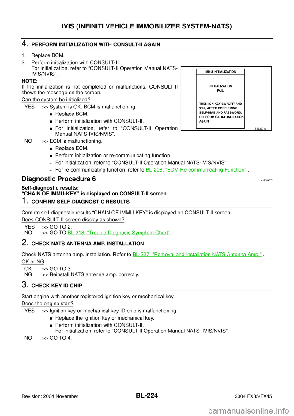 INFINITI FX35 2004  Service Manual BL-224
IVIS (INFINITI VEHICLE IMMOBILIZER SYSTEM-NATS)
Revision: 2004 November 2004 FX35/FX45
4. PERFORM INITIALIZATION WITH CONSULT-II AGAIN
1. Replace BCM.
2. Perform initialization with CONSULT-II.