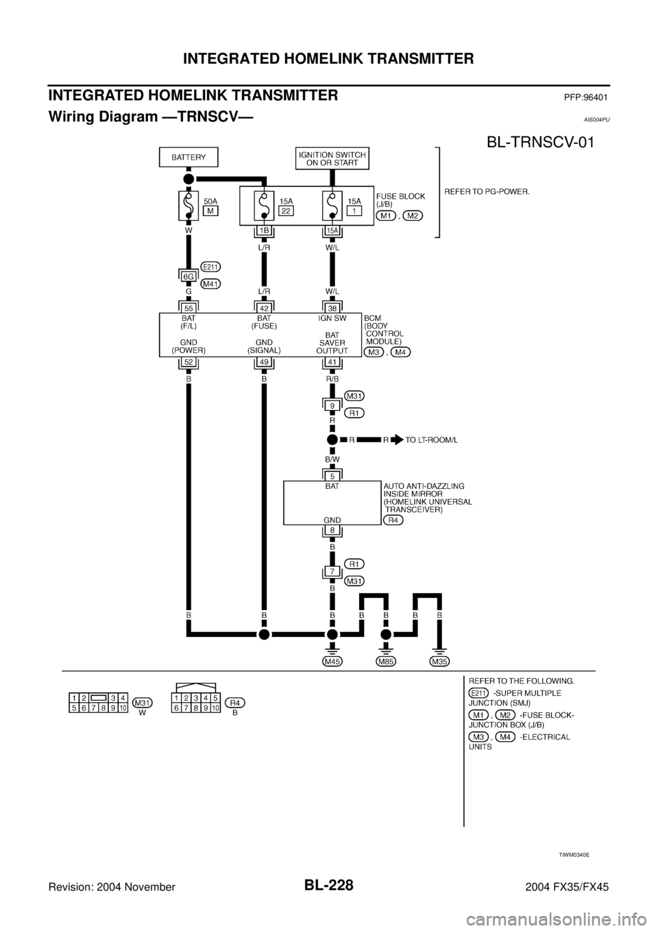 INFINITI FX35 2004  Service Manual BL-228
INTEGRATED HOMELINK TRANSMITTER
Revision: 2004 November 2004 FX35/FX45
INTEGRATED HOMELINK TRANSMITTERPFP:96401
Wiring Diagram —TRNSCV—AIS004PU
TIWM0340E 