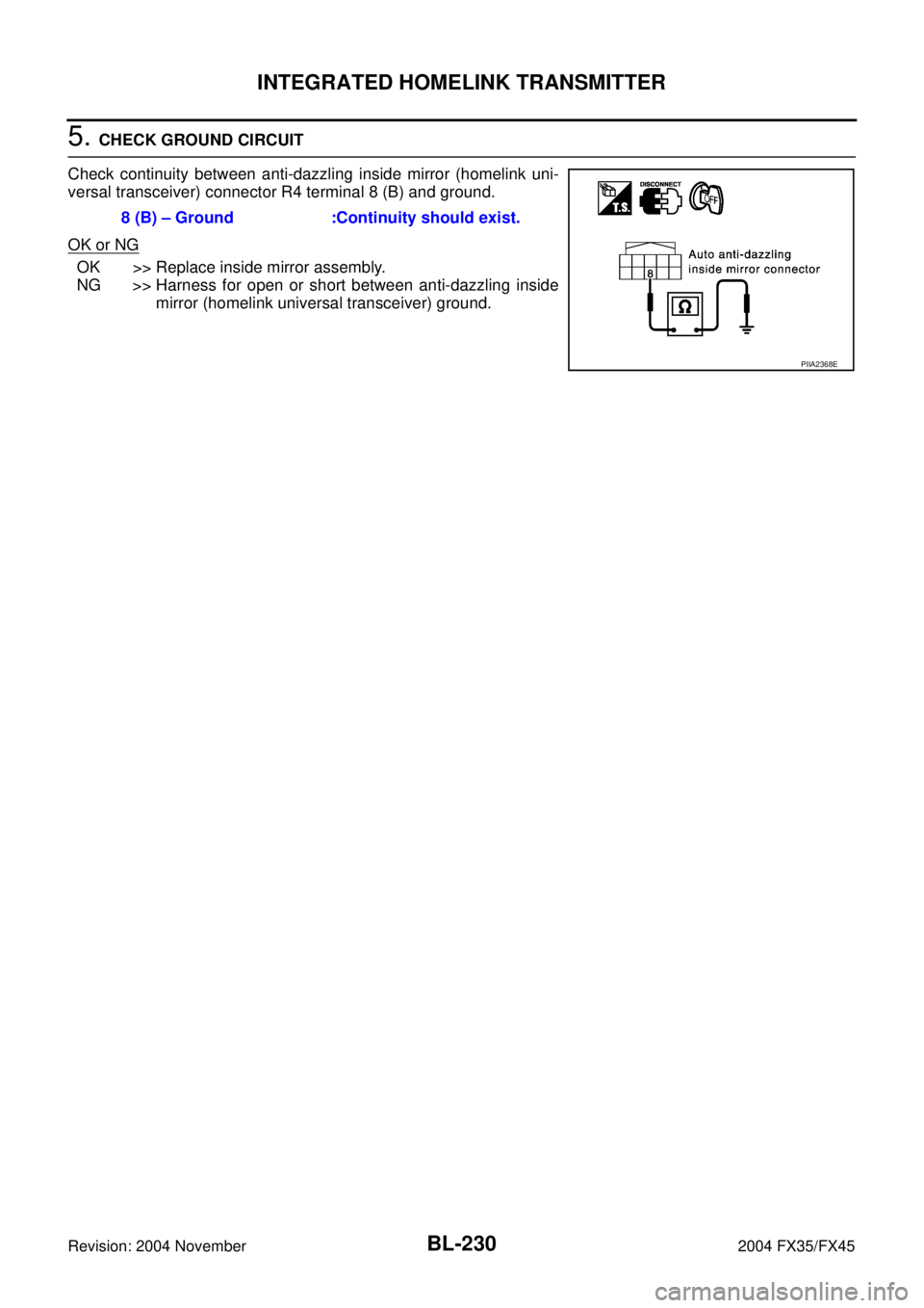 INFINITI FX35 2004  Service Manual BL-230
INTEGRATED HOMELINK TRANSMITTER
Revision: 2004 November 2004 FX35/FX45
5. CHECK GROUND CIRCUIT
Check continuity between anti-dazzling inside mirror (homelink uni-
versal transceiver) connector 