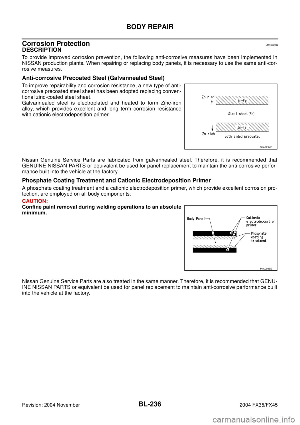INFINITI FX35 2004 Service Manual BL-236
BODY REPAIR
Revision: 2004 November2004 FX35/FX45
Corrosion ProtectionAIS0065Q
DESCRIPTION
To provide improved corrosion prevention, the following anti-corrosive measures have been implemented INFINITI FX35 2004 Service Manual BL-236
BODY REPAIR
Revision: 2004 November2004 FX35/FX45
Corrosion ProtectionAIS0065Q
DESCRIPTION
To provide improved corrosion prevention, the following anti-corrosive measures have been implemented
