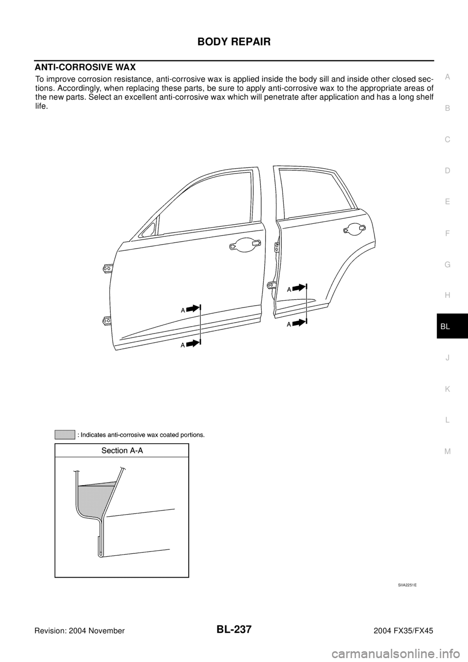 INFINITI FX35 2004  Service Manual BODY REPAIR
BL-237
C
D
E
F
G
H
J
K
L
MA
B
BL
Revision: 2004 November2004 FX35/FX45
ANTI-CORROSIVE WAX
To improve corrosion resistance, anti-corrosive wax is applied inside the body sill and inside oth