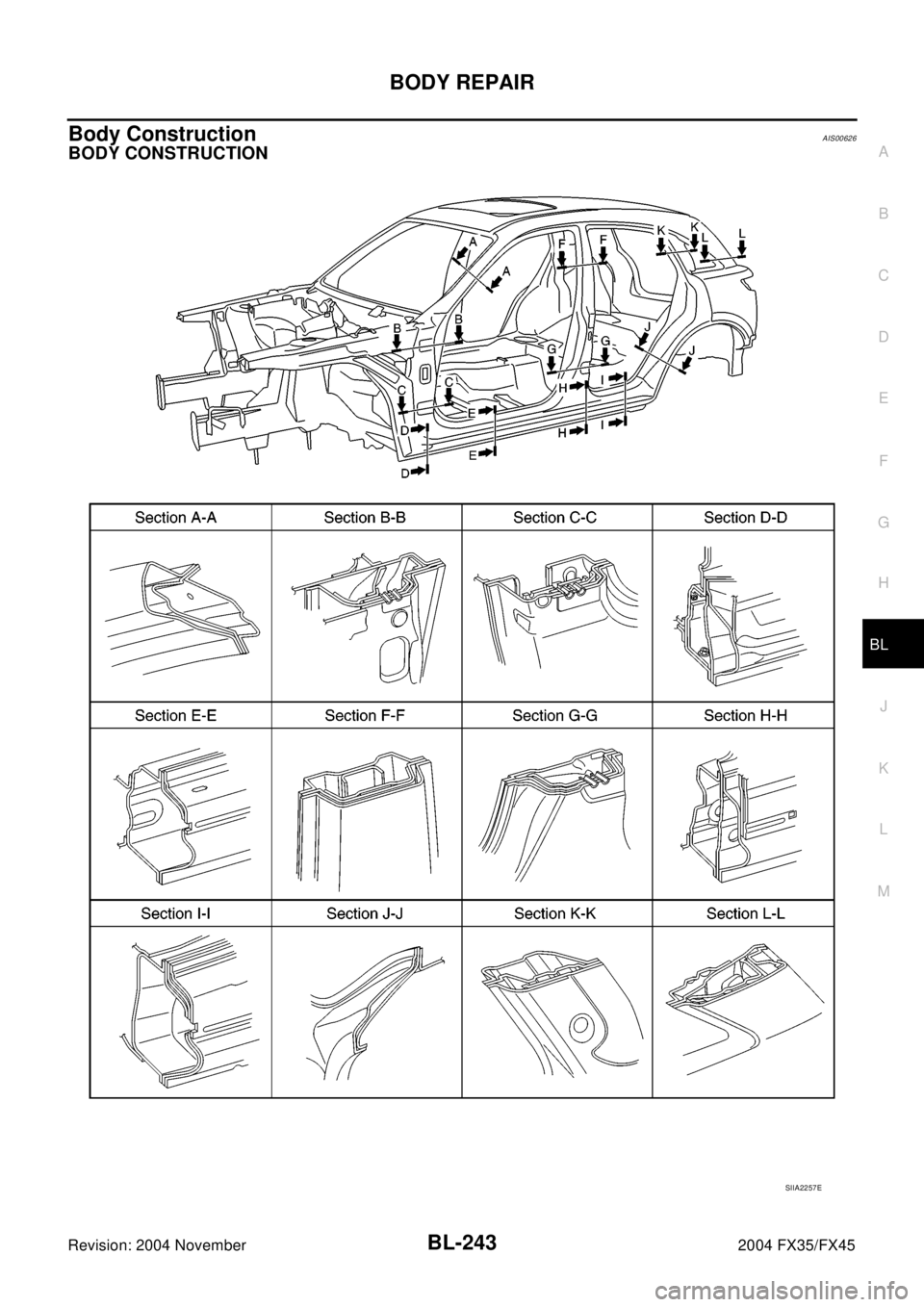 INFINITI FX35 2004  Service Manual BODY REPAIR
BL-243
C
D
E
F
G
H
J
K
L
MA
B
BL
Revision: 2004 November2004 FX35/FX45
Body ConstructionAIS00626
BODY CONSTRUCTION
SIIA2257E 