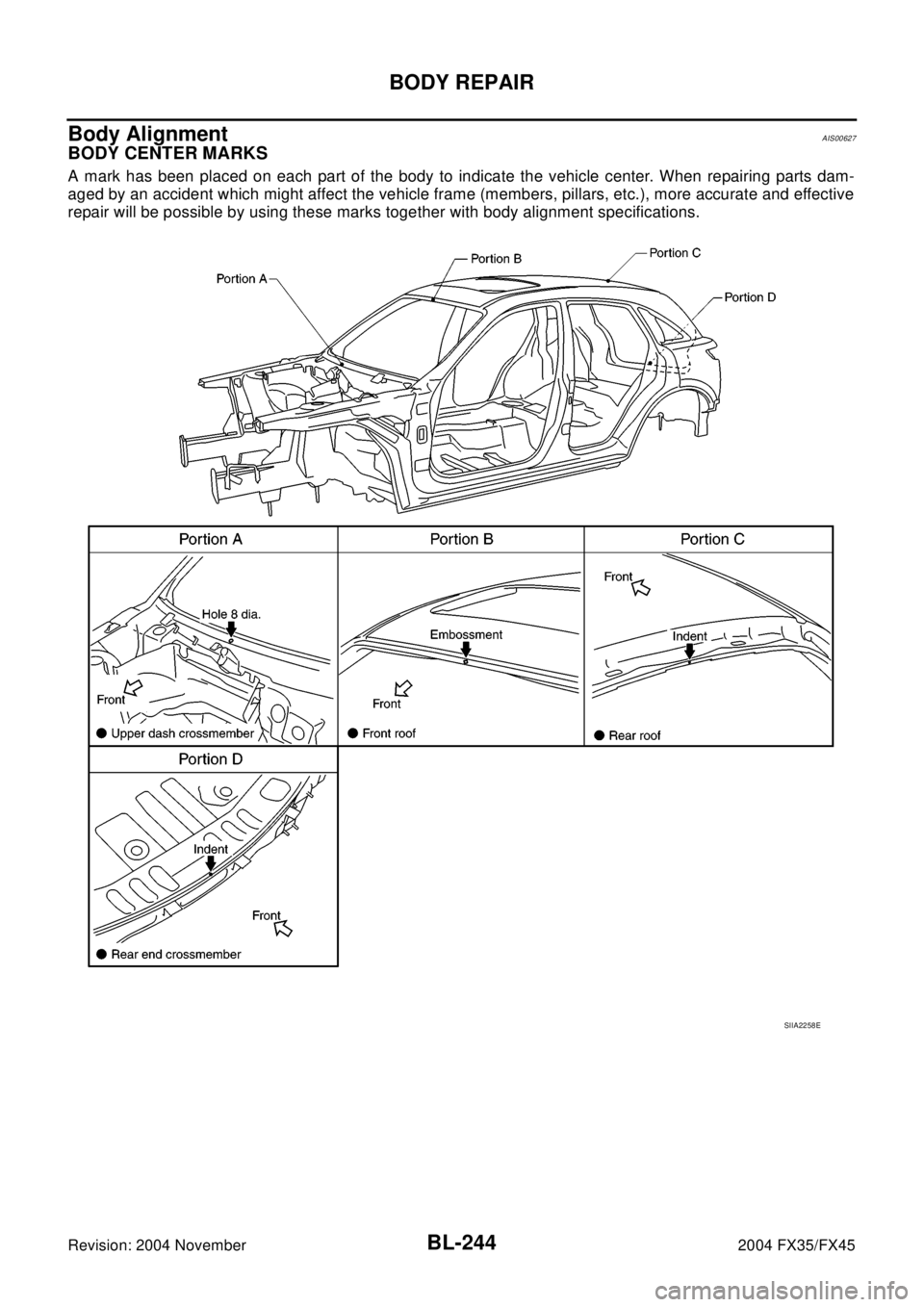 INFINITI FX35 2004  Service Manual BL-244
BODY REPAIR
Revision: 2004 November2004 FX35/FX45
Body AlignmentAIS00627
BODY CENTER MARKS
A mark has been placed on each part of the body to indicate the vehicle center. When repairing parts d