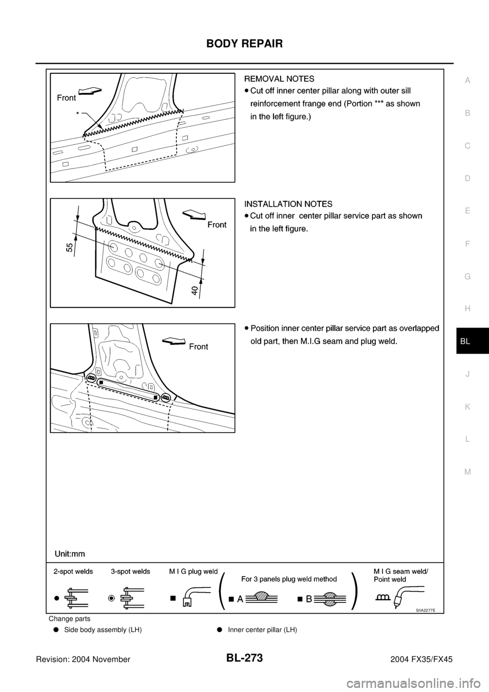 INFINITI FX35 2004  Service Manual BODY REPAIR
BL-273
C
D
E
F
G
H
J
K
L
MA
B
BL
Revision: 2004 November2004 FX35/FX45
Change parts
lSide body assembly (LH)lInner center pillar (LH)
SIIA2277E 