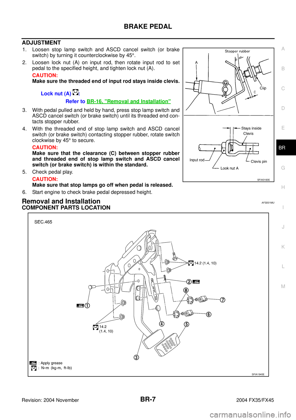 INFINITI FX35 2004 Service Manual BRAKE PEDAL
BR-7
C
D
E
G
H
I
J
K
L
MA
B
BR
Revision: 2004 November 2004 FX35/FX45
ADJUSTMENT
1. Loosen stop lamp switch and ASCD cancel switch (or brake
switch) by turning it counterclockwise by 45°. INFINITI FX35 2004 Service Manual BRAKE PEDAL
BR-7
C
D
E
G
H
I
J
K
L
MA
B
BR
Revision: 2004 November 2004 FX35/FX45
ADJUSTMENT
1. Loosen stop lamp switch and ASCD cancel switch (or brake
switch) by turning it counterclockwise by 45°.