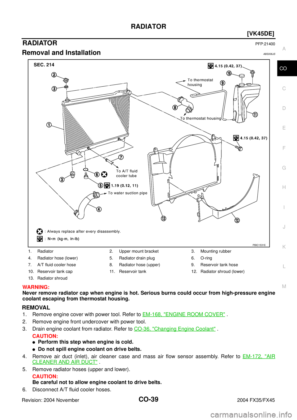 INFINITI FX35 2004  Service Manual RADIATOR
CO-39
[VK45DE]
C
D
E
F
G
H
I
J
K
L
MA
CO
Revision: 2004 November 2004 FX35/FX45
RADIATORPFP:21400
Removal and InstallationABS006JS
WARNING:
Never remove radiator cap when engine is hot. Serio