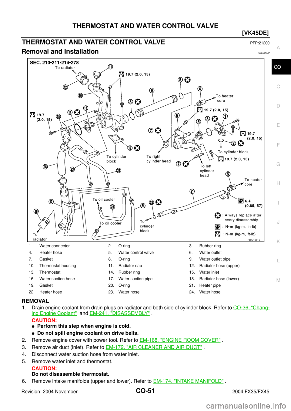 INFINITI FX35 2004  Service Manual THERMOSTAT AND WATER CONTROL VALVE
CO-51
[VK45DE]
C
D
E
F
G
H
I
J
K
L
MA
CO
Revision: 2004 November 2004 FX35/FX45
THERMOSTAT AND WATER CONTROL VALVEPFP:21200
Removal and InstallationABS006JP
REMOVAL
