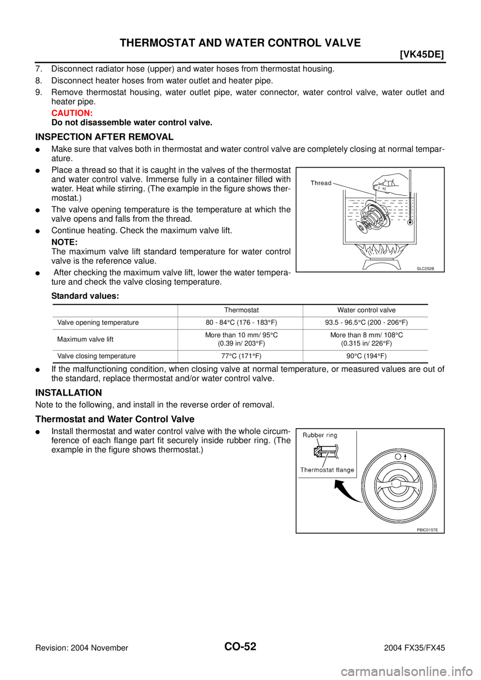 INFINITI FX35 2004  Service Manual CO-52
[VK45DE]
THERMOSTAT AND WATER CONTROL VALVE
Revision: 2004 November 2004 FX35/FX45
7. Disconnect radiator hose (upper) and water hoses from thermostat housing.
8. Disconnect heater hoses from wa